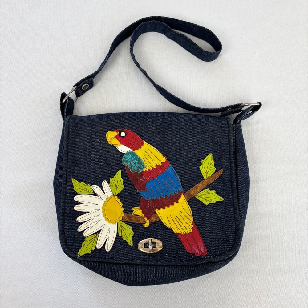 Vintage 70s Denim Purse Vinyl Macaw Parrot Appliqué Tropical Tiki